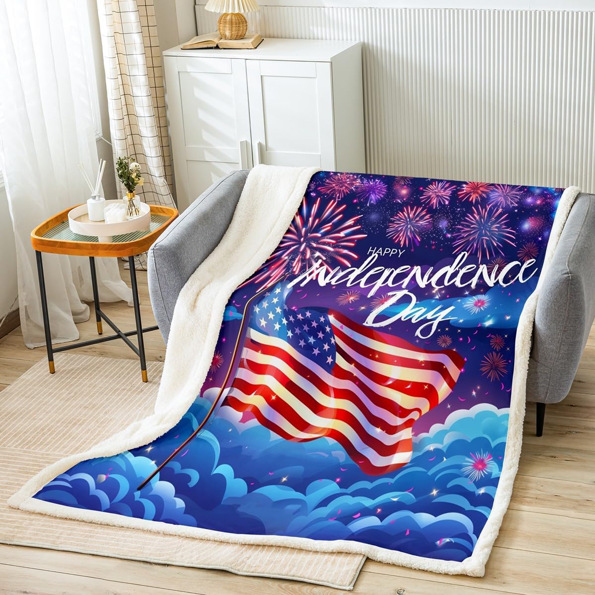 Erosebridal American Flag Blanket Independence Day Fleece Blanket,Fourth of July Throw Blanket 50"x60",Rainbow Fireworks Bed Blanket Veterans Day Decorations