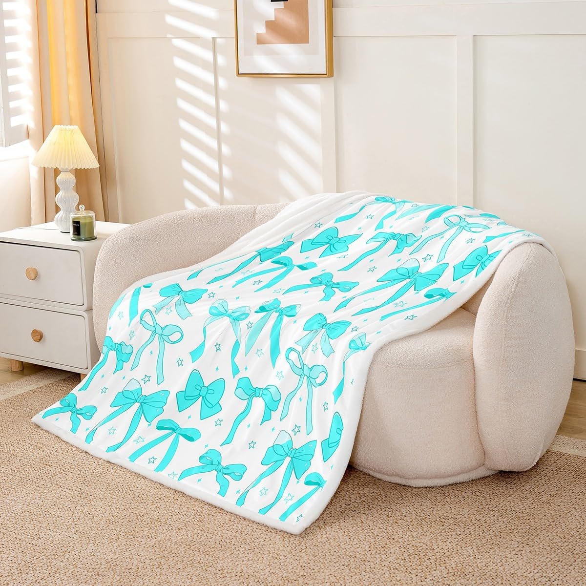 Feelyou Teal Blue Bowknot Decoration Soft Cozy Fleece Blankets 50x60 Inches for Girls Adults Watercolor Teal Bow Kids Kawaii Throw Blankets Dreamy Princess Style Fleece Flannel Throws