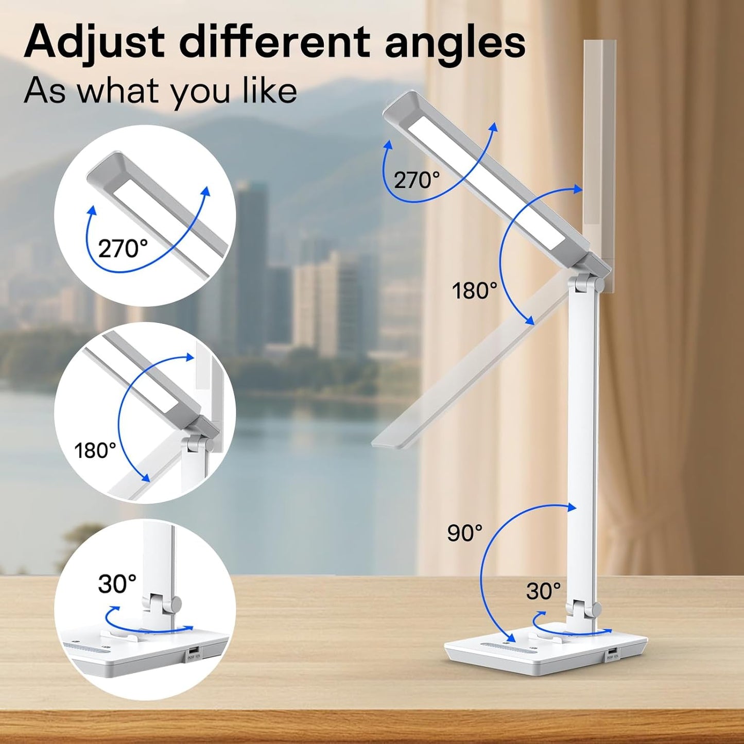 UK Plug Adapter Desk Lamp for 9 Level Brightness Touch Control & 5 Lighting Modes, 14W 900LM Dimmable Eye-Caring Reading LED Desk Light with USB Charging Port, Dimmable Home Office Desk Light