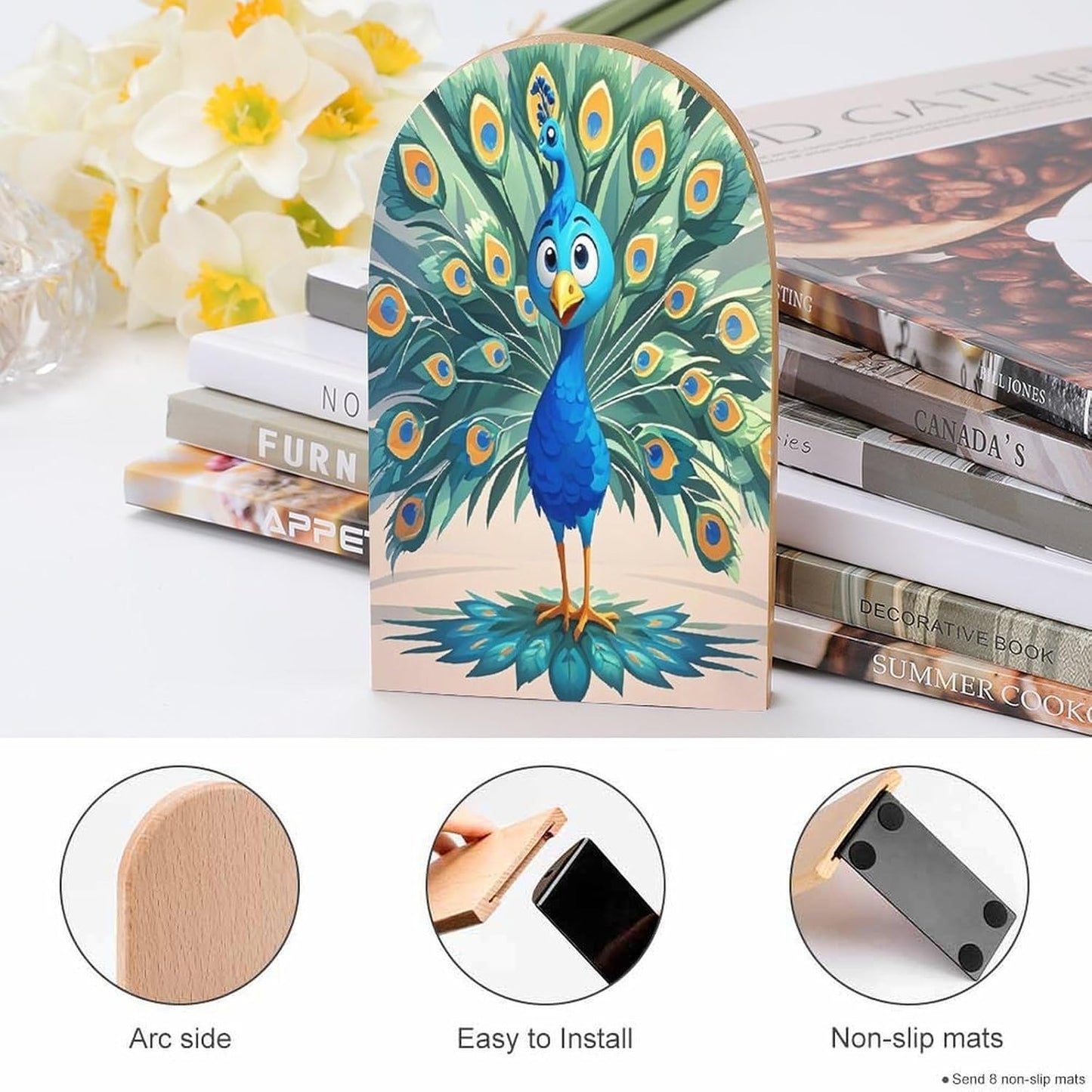 Cartoon Blue Peacock Bookends 1 Pair Heavy Duty Book Ends for Shelves Non-Skid Bookend Supports Wooden Book Holders with Metal Base Desk Organizers Books Storage to Hold Books