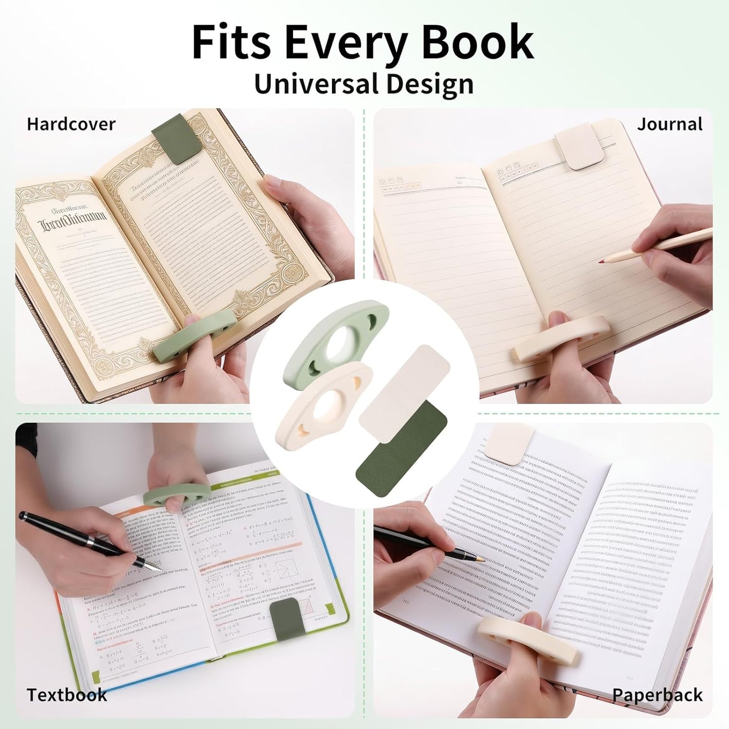 [4-in-1 Reading Set] 2 Soft Silicone Thumb Page Holders & 2 Magnetic Vegan Leather Bookmarks - Ergonomic One-Handed Book Opener & Secure Page Markers - Unique Bookish Gifts for Readers