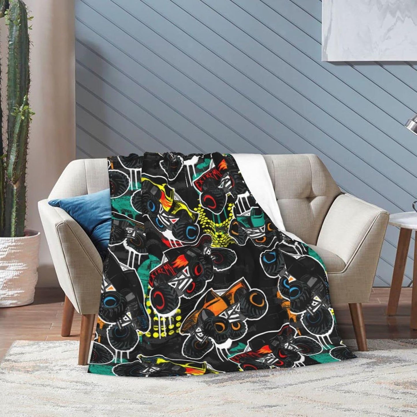 Perinsto Monster Trucks Cars Throw Blanket Ultra Soft Warm All Season Decorative Fleece Blankets for Bed Chair Car Sofa Couch Bedroom 60"X50"