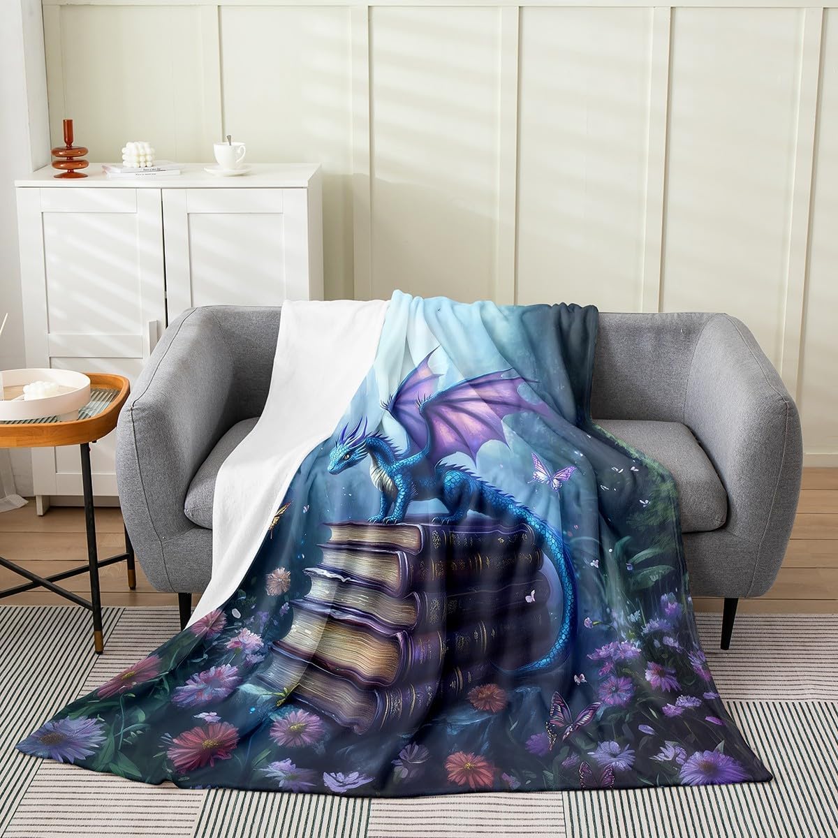 Western Dragon Flannel Blanket,Butterfly Daisy Flowers Castle Mystic Throw Blanket,Reading Books Wild Animal Cozy Throws for Bed Couch Sofa,Blue Soft and Breathable,Throw Size (50 x 60 Inches)