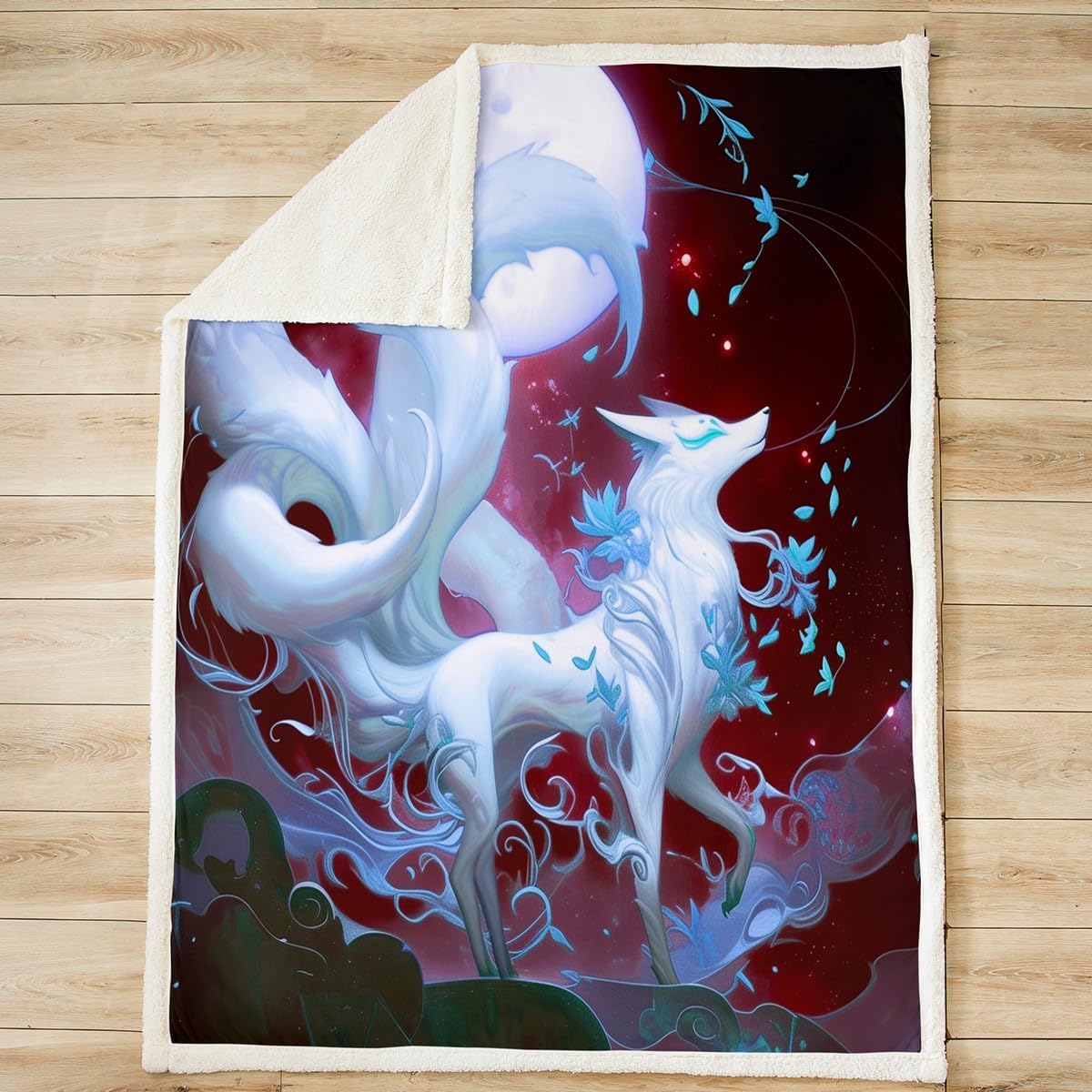 Japanese Ukiyoe Throw Blanket,Fox Cherry Blossom Fleece Blanket,Kids Boys Adults Girls Room Decor,Moon Night Starry Sky Fuzzy Blanket Exotic Animals Romantic Sherpa Blanket,for Chair/Sofa,40"×50"