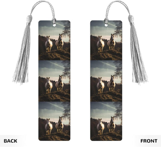 Horse on Mountain Bookmarks Gifts for Women Men, Wooden Bookmarks for Book Lovers, Vintage Book Marks Ornaments with Tassel, Unique Personalized Reading Page Markers Gray
