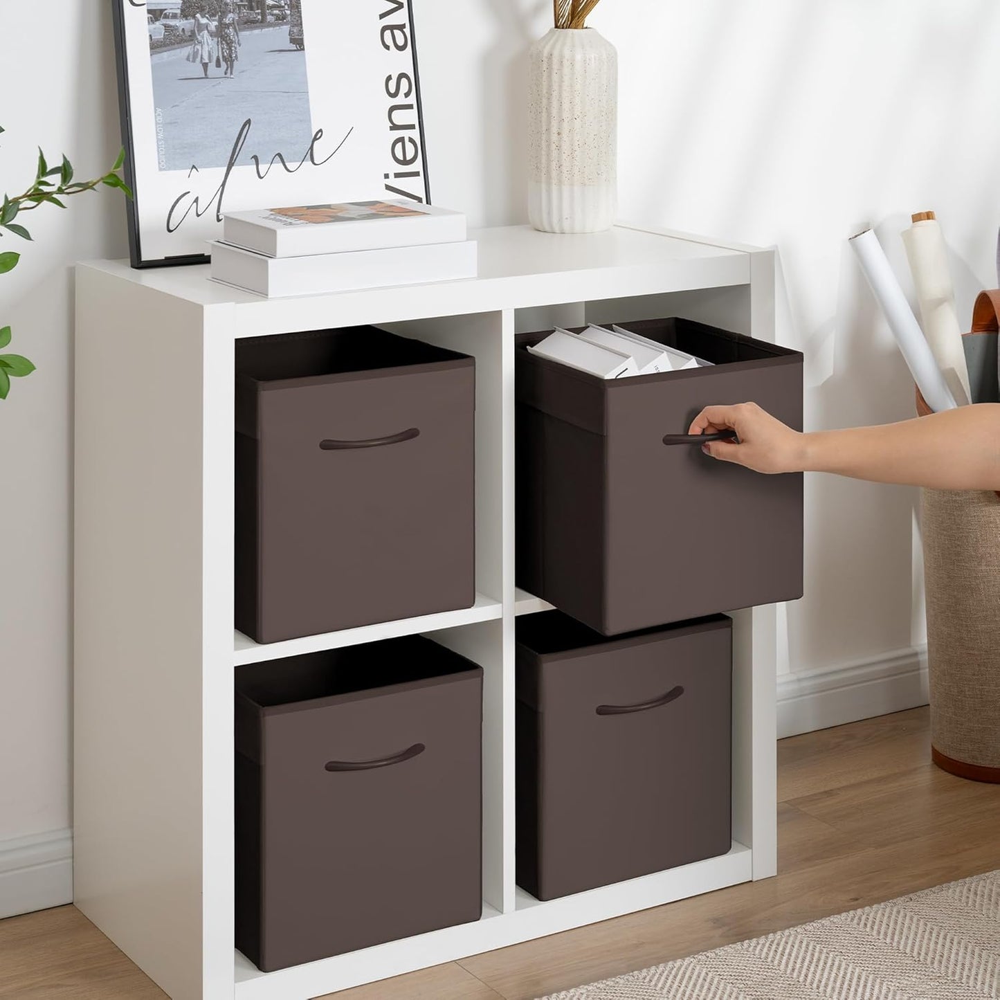 StorageWorks Brown Storage Cubes, 11 Inch Cube Storage Bins with Handle, Cube Storage Organizer Bins for Shelves and Closet, Collapsible Storage Bins, 4-Pack