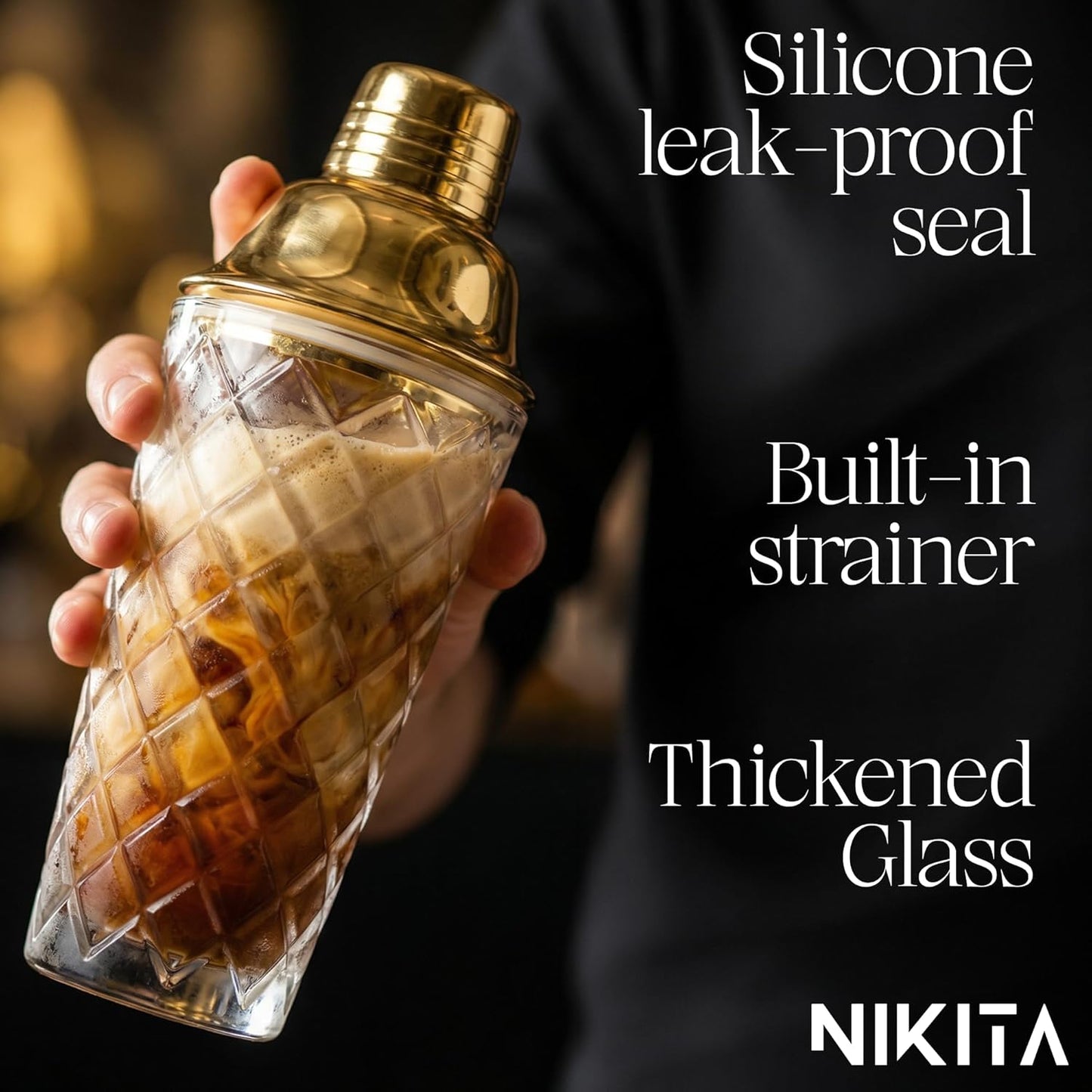 NIKITA by Niki Glass Cocktail Shaker Set, 5-Piece Martini Shaker & Bartender Kit with Bar Accessories Strainer, Jigger, Spoon & Muddler, Gold 16oz Drink Mixer with Bartender Accessories