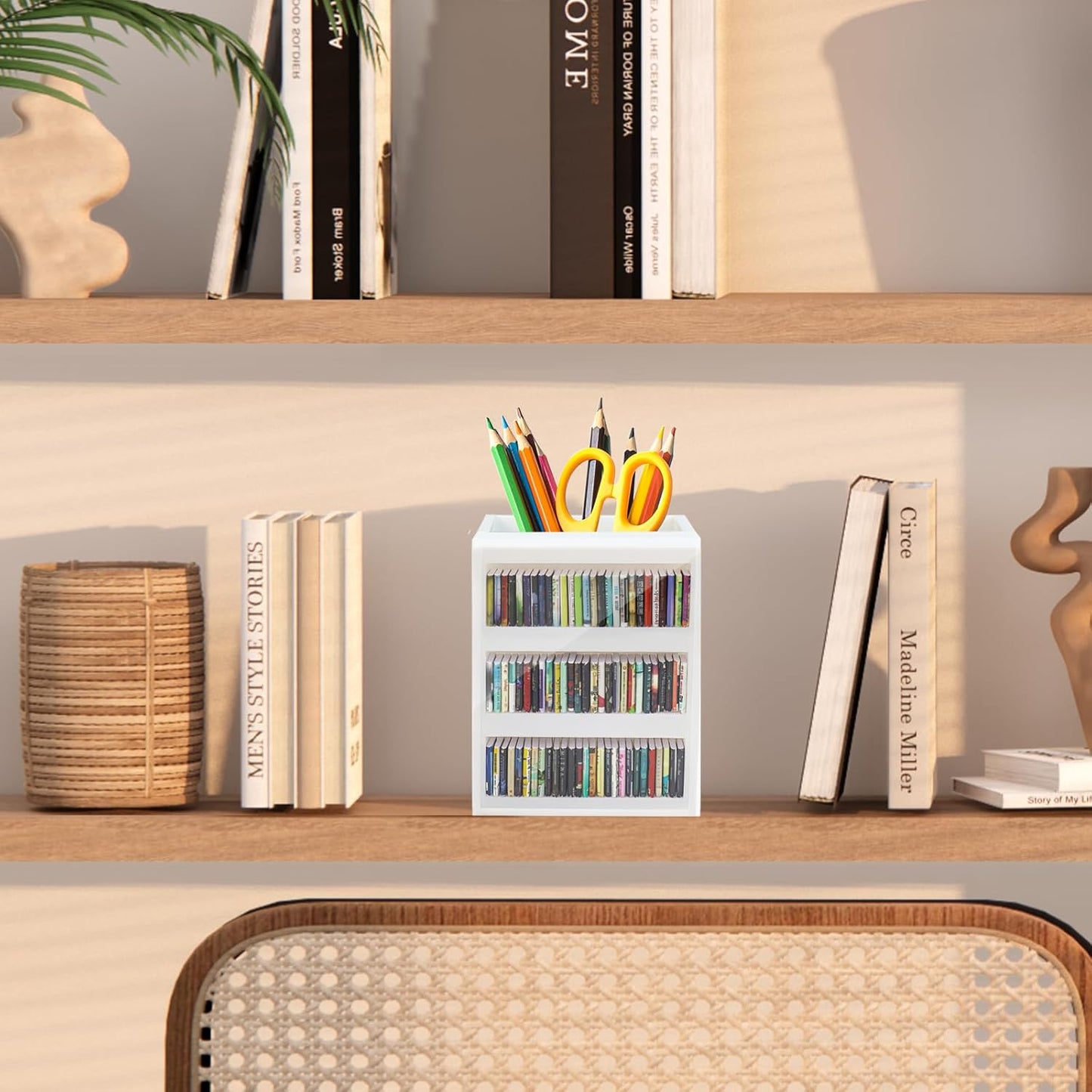 Anxiety Bookshelf Ornament Mini Bookshelf Miniature Library with 100pcs Mini Books, Mini Bookstore, Shake Off Your Anxiety, Bookmark or Pencil Holder Organizer for Book Lovers Home Decor (White)