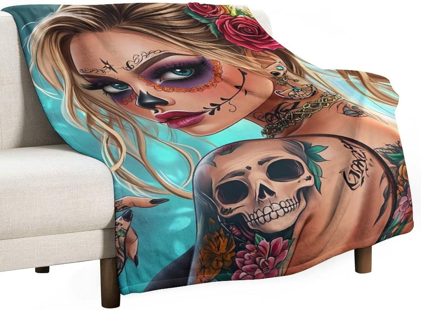 Day of The Dead Skull Throw Blanket for Couch Bed Plush Cozy Fuzzy Flannel Blanket for All Season 40"x60"