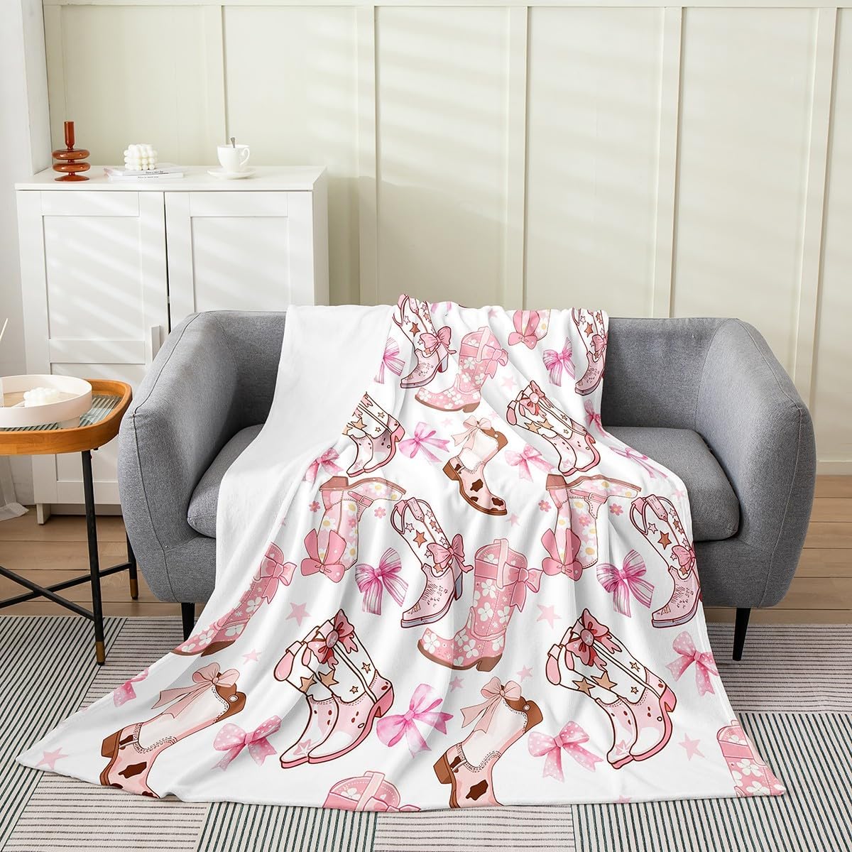Feelyou Cowgirl All Season,Bed Blanket Set Pink Bowknots Plush Throw Blanket, for Sofa Couch Kids Western Cowboy Boots Flannel Fleece Blanket Dreamy Princess Bow Bedroom Collection 40"x50"
