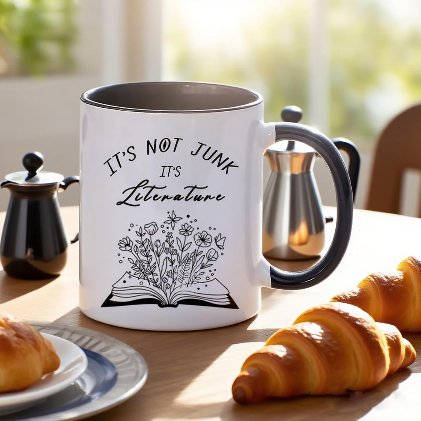 Funny Book Lover Coffee Mug, “It’s Not Junk It’s Literature” Ceramic Cup Gift for Readers, Writers, Teachers, Students, Bibliophiles, Book Club, Office Desk, 11 oz Novelty Cup