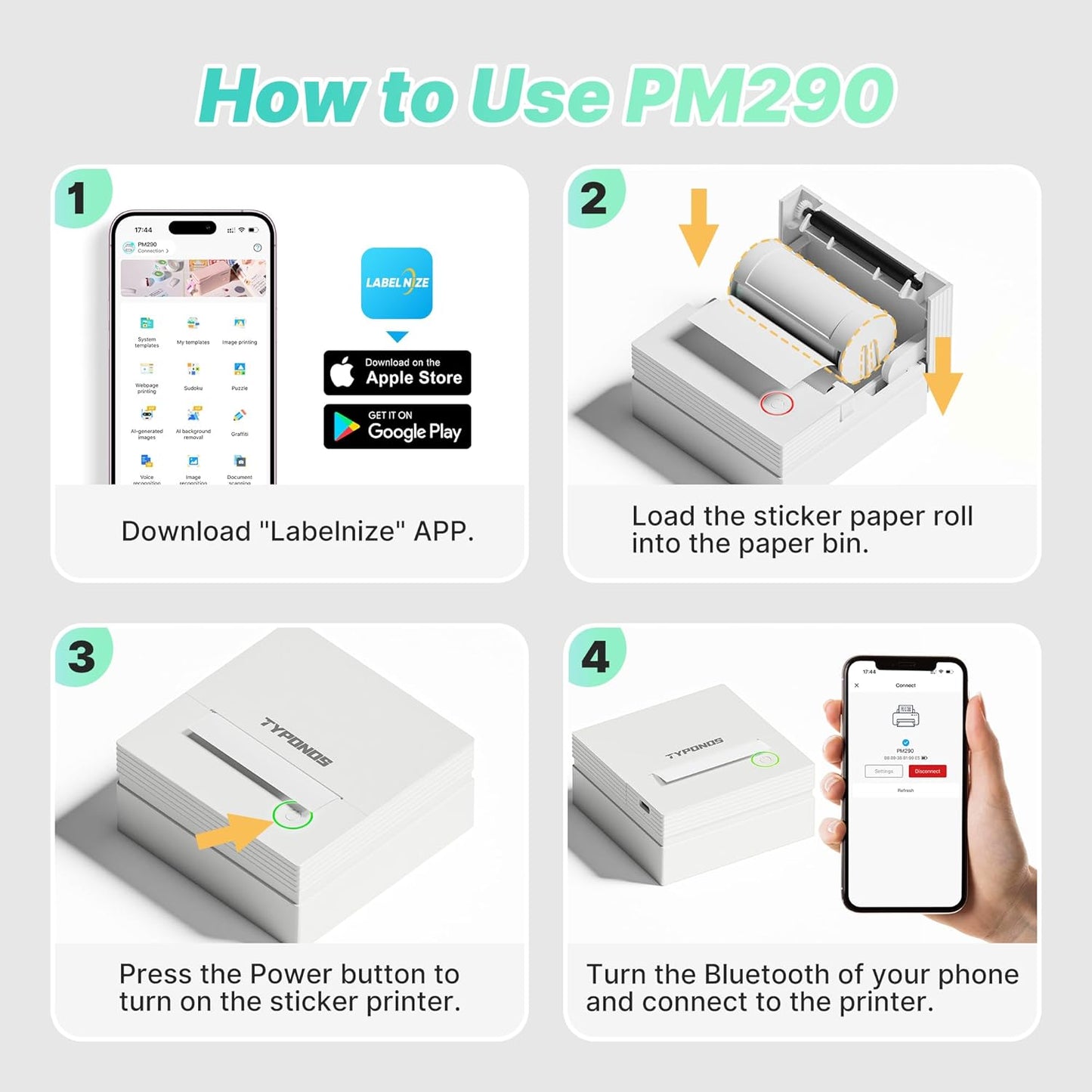 Sticker Printer, PM290 Mini Printer, Bluetooth Sticker Maker Machine with 3 Rolls Paper, Smart AI APP, Portable Print Pod for Study Note, List, Picture, DIY Gifts for School Office Home, White