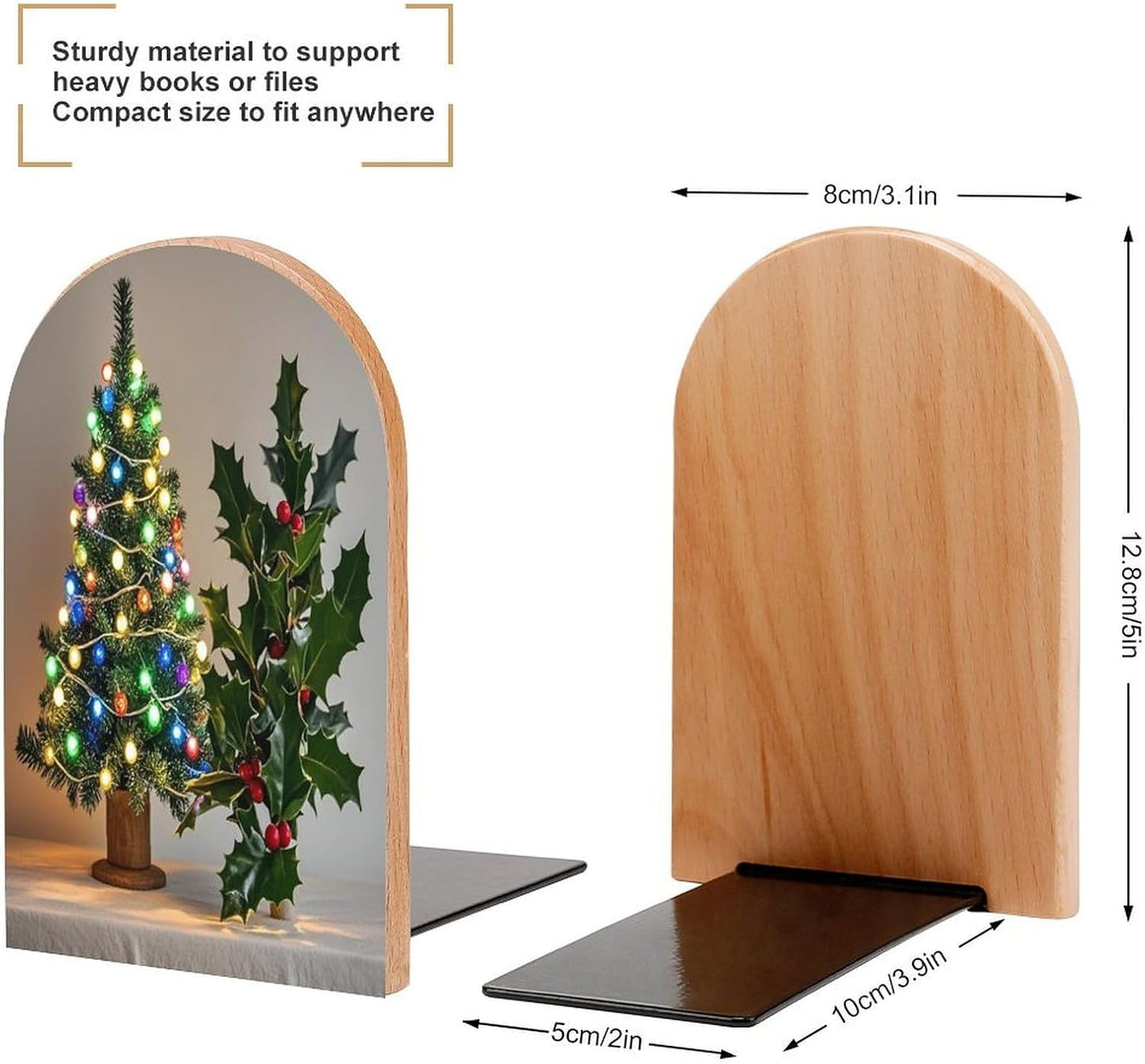 Christmas Tree Holly Bookends 1 Pair Heavy Duty Book Ends for Shelves Non-Skid Bookend Supports Wooden Book Holders with Metal Base Desk Organizers Books Storage to Hold Books