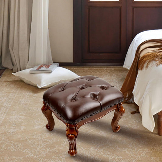 Leather Foot Stool Small,Vintage Ottoman Leather Foot Rest,Wooden Footrest,Upholstered Footstool for Couch/Living Room/Sofa,Cherry (12.6)