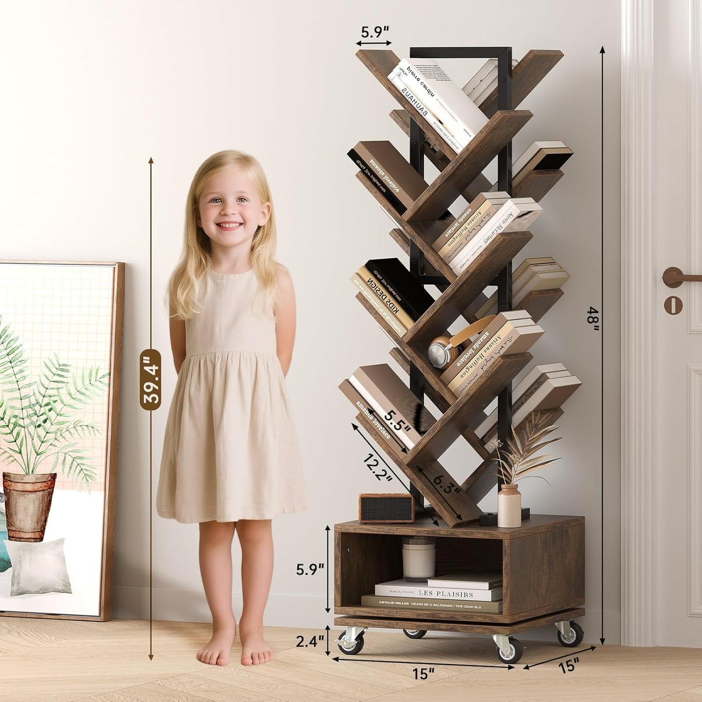 14-Tier Tree Rotating Bookshelf, 360 Degree Spinning Retro Floor Standing Bookcase with Storage Cabinet for Magazines DVDs Books for Small Spaces in Bedroom Living Room Home Office, Rustic Brown