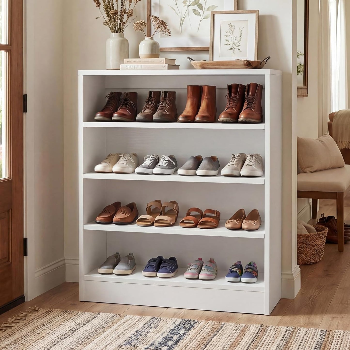 Homieasy Shoe Cabinet, 5-Tier Modern Wood Shoe Storage Organizer with 3 Adjustable Shelves for Entryway, Multi-Purpose Display Shelf & Storage Cabinet for Living Room, Bedroom, White
