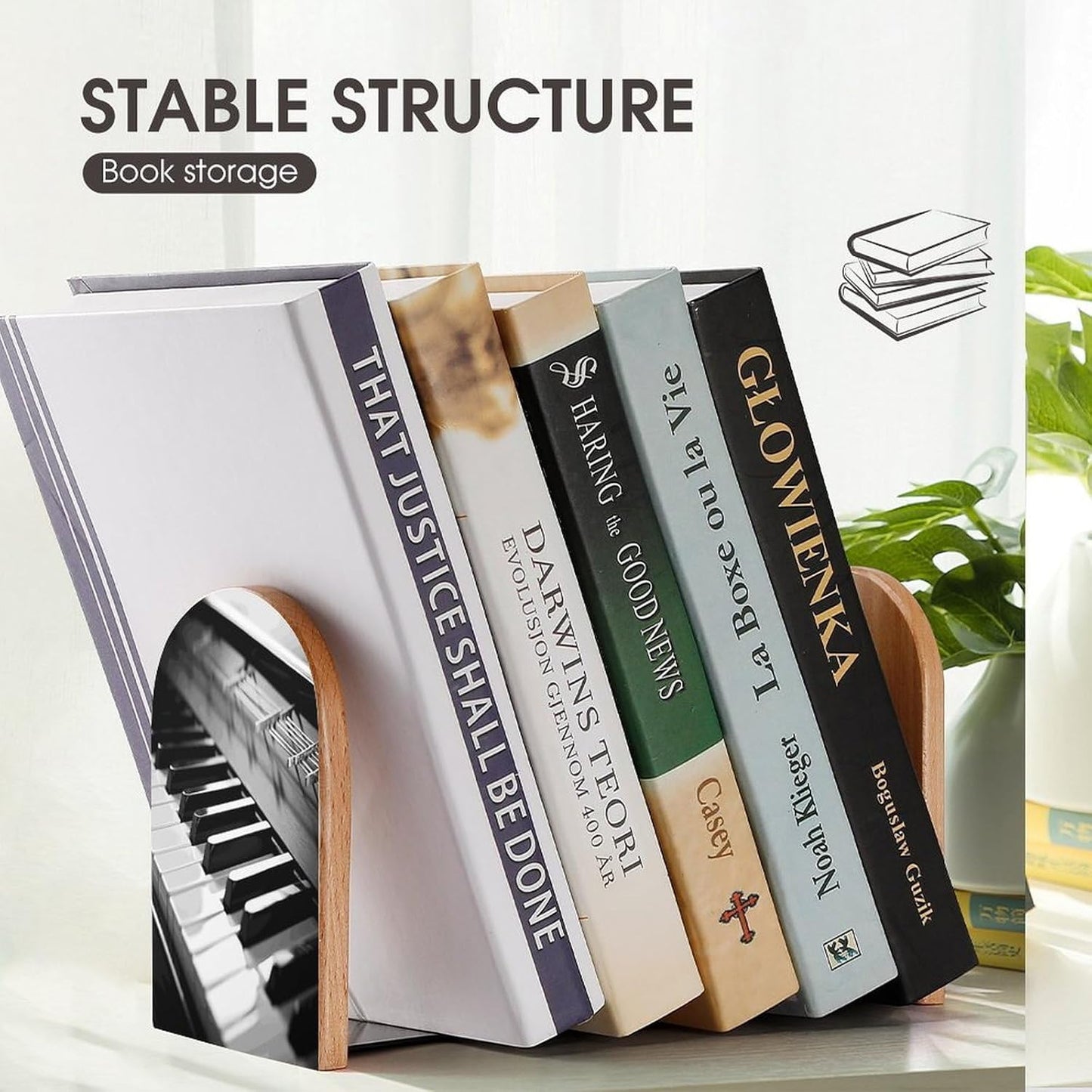 Piano Image Bookends 1 Pair Heavy Duty Book Ends for Shelves Non-Skid Bookend Supports Wooden Book Holders with Metal Base Desk Organizers Books Storage to Hold Books