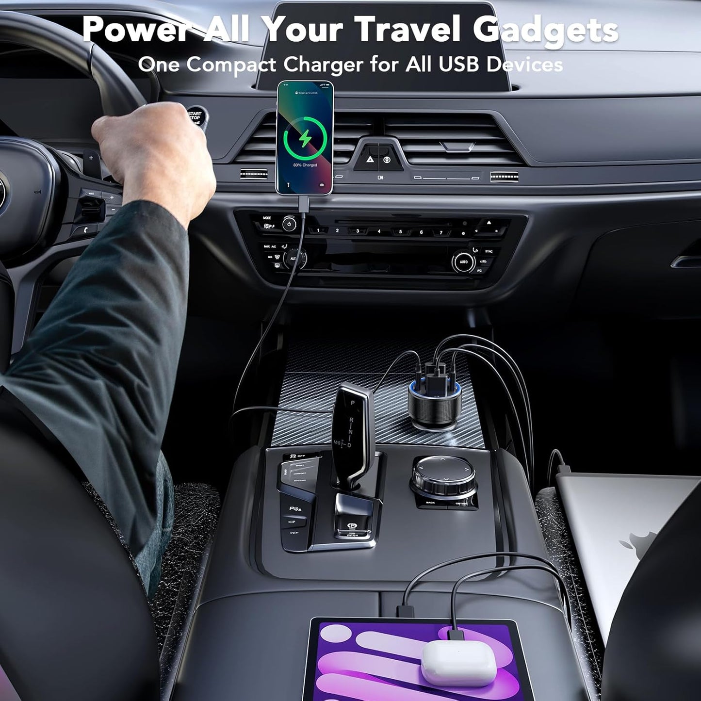USB C Car Charger, 4 Port 78W USB Car Charger Adapter Fast Charging Multi Port Cigarette Lighter Adapter with Voltmeter Type C Phone Car Accessories for iPhone 17/16/15/14, Samsung Galaxy, iPad