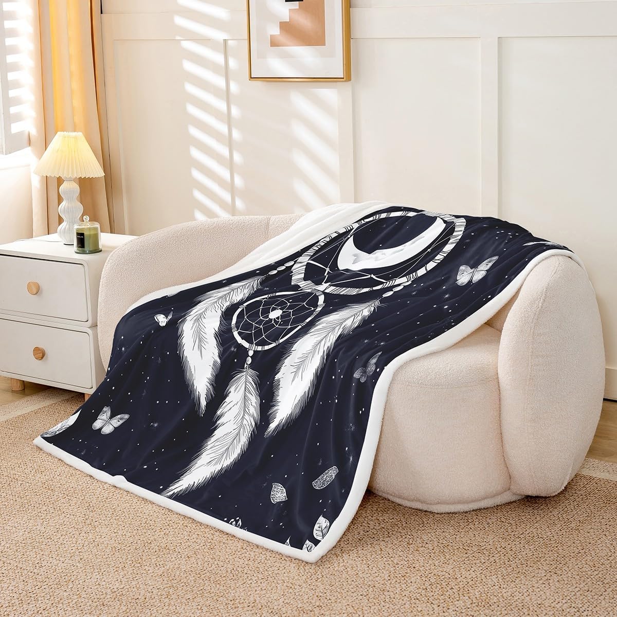 Feelyou Dreamcatcher Sherpa Blanket Queen 90"x90" Fleece Throw Blanket Plush Blanket Fuzzy Blanket Dark Black