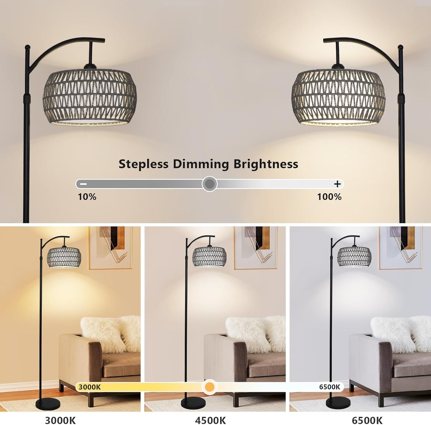 Arc Floor Lamp for Bedroom, Boho Standing Lamp with Remote & LED Smart Bulb, Rattan Floor Lamps for Living Room with 3 Color Temperatures, Height Adjustable Corner Tall Lamp, Stand up Light for Office