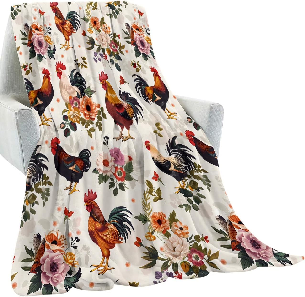 Cute Rooster Blanket Gifts for Kids Adult Girls,Chicken and Flower Retro Flannel Throw Blankets,Soft Comfy Lightweight for Farmhouse Home Couch Bed Sofa Decor,Rustic Lovers 60x50in