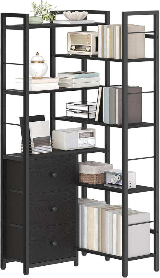 Corner Bookshelf, 7 Tier L-Shaped Bookcase with 3 Drawers, Storage Corner Shelf, Freestanding Tall Display Shelf, Industrial Style, for Living Room, Home Office, Black SJ10BB