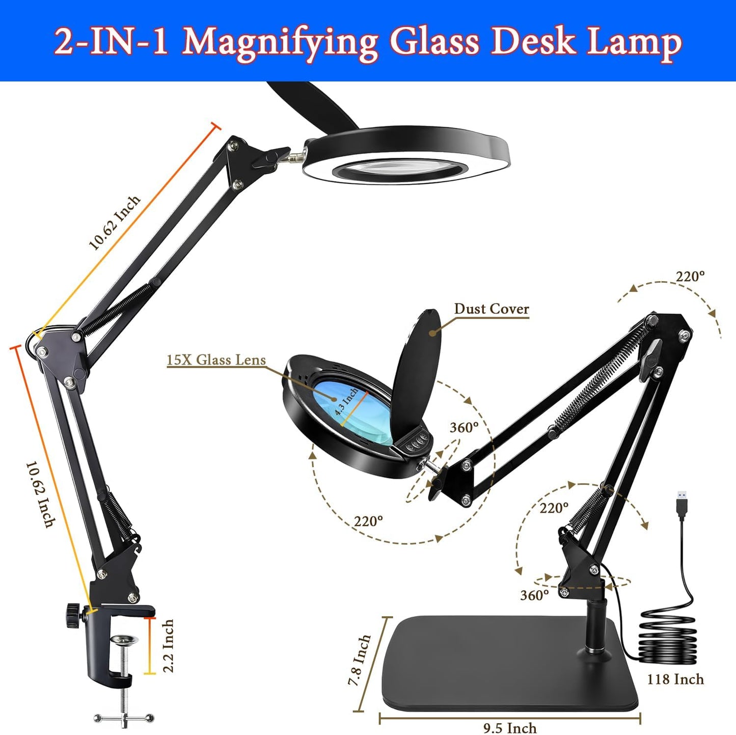 15X Magnifying Glass Desk Lamp with Clamp and Base, Real Glass Lens, 84 LEDs, 5 Color Modes Dimmable, Led Lamp Magnifier with Dust Cover, Clean Cloth, Ideal Gift for Seniors, Crafters, Hobbyists