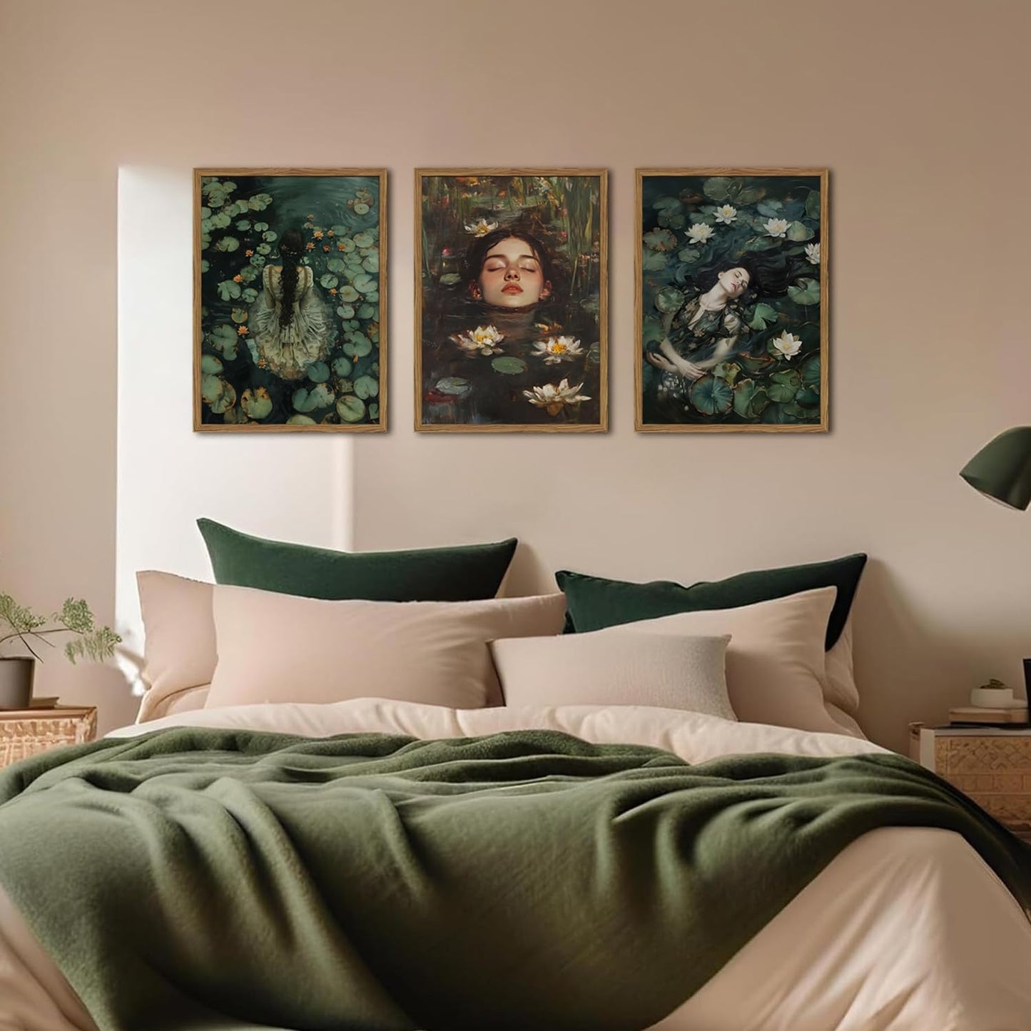 Ophelia Gothic Wall Art Set of 3, Moody Victorian Lake Wall Decor Painting, Dark Romantic Cottagecore Poster Canvas Prints Artwork for Bedroom Living Room 16x24 inch Framed