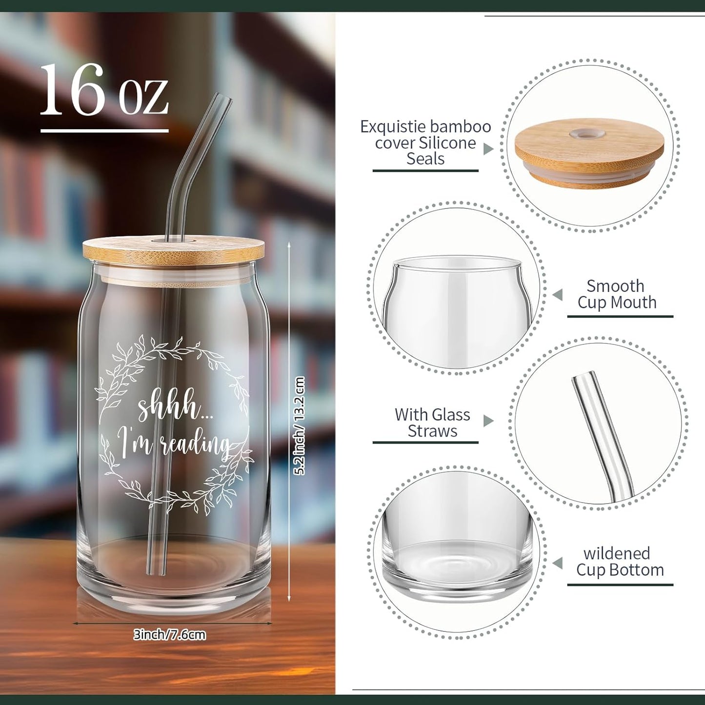 Set of 5 Book Lovers Gifts for Women 16oz Drinking Glass Scented Candle Canvas Tote Bag A6 Journal with Ballpoint Pen for Reader Librarian Bookish Student Teacher Birthday Gifts(Green)