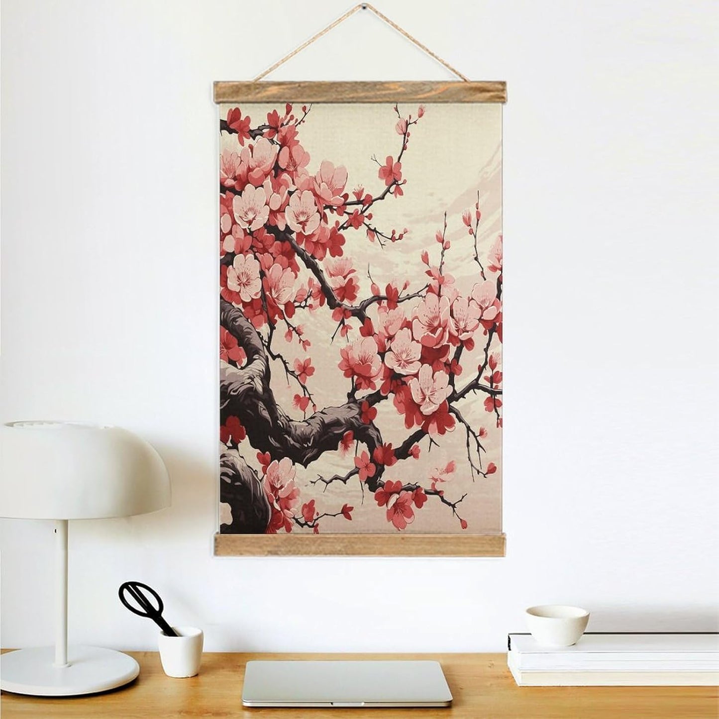 Vintage Japanese Floral Cherry Blossom Poster with Wooden Frame Personalized Linen Hanging Scroll Painting Rustic Wall Hanging Illustrative Modern Artwork Decor for Home Living Room Bedroom Office