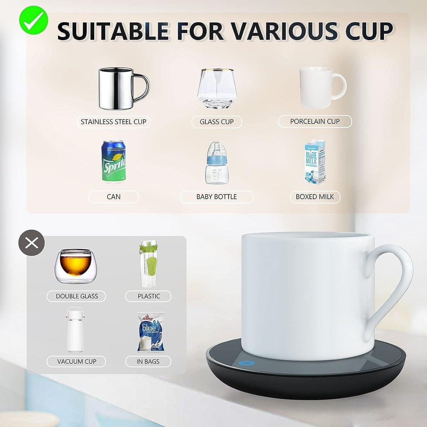 Mug & Tea Warmer - 2 Temp. Settings, Portable, Beverage Warmer for Office & Desk