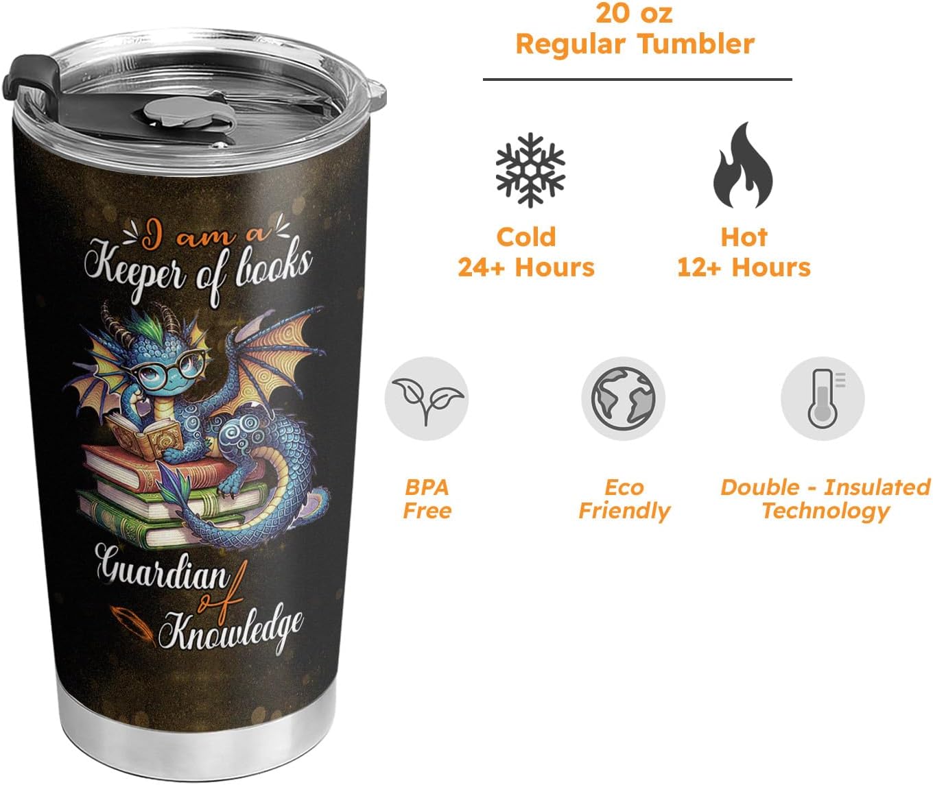 20oz Book Dragon Tumbler, Librarian, Reading Gifts for Dragon Lovers, Keeper of Books Guardian of Knowledge Coffee Tumbler, Stainless Steel Double Wall Vacuum Insulated Coffee Mug, Travel Cup with Lid