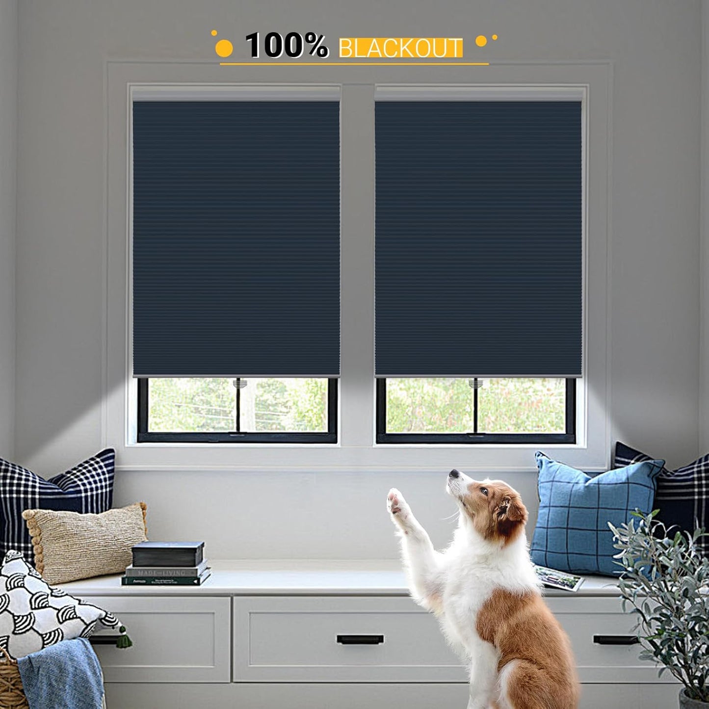 Honeycomb Blinds Cordless Blackout Cellular Shades for Windows Inside & Outside Mount 34" W x 36" H, Ocean Blue(Blackout)