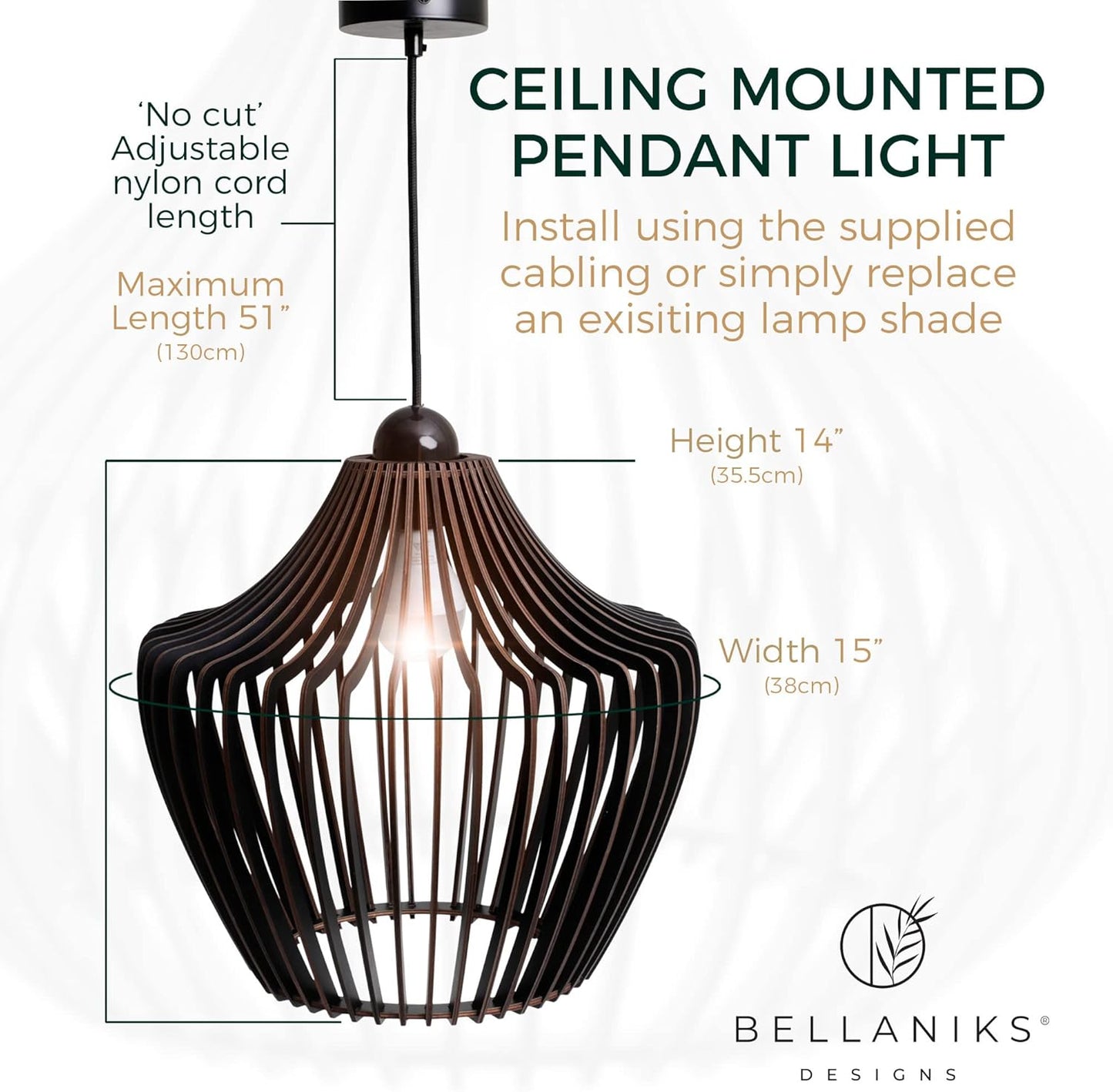 Wood Pendant Light - Easy-to-Assemble Ceiling Chandelier - Modern Boho Hanging Lamp Lighting Fixture for Dining, Kitchen, Bedroom, Living Room - Adjustable Nylon Cord, Uses Standard Bulb