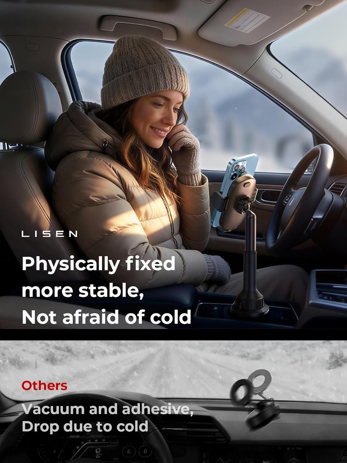 LISEN Cup Holder Phone Holder [No Shaking] Phone Holder for Car, 360° Adjustable iPhone Holder Car Accessories for Women Truck Jeep Golf for iPhone 17 Pro Max 16 15 14 Samsung S25 All 4-7'' Phone
