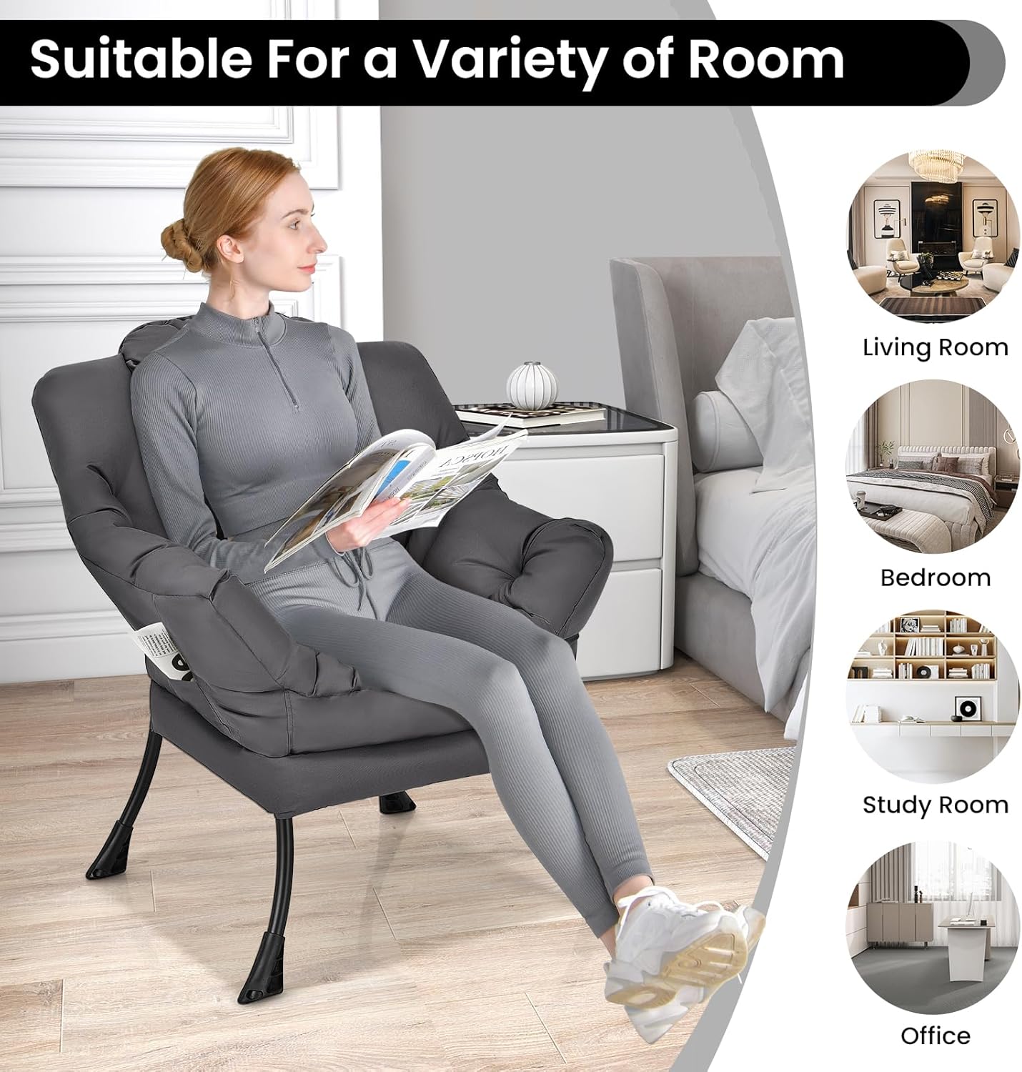 GORELAX Modern Lazy Chair,Upholstered Lounge Accent Chair, Single Leisure Sofa Chair with Armrests & Side Pocket, Comfy Reading Chair for Bedroom, Living Room, Dorm Room (Grey)