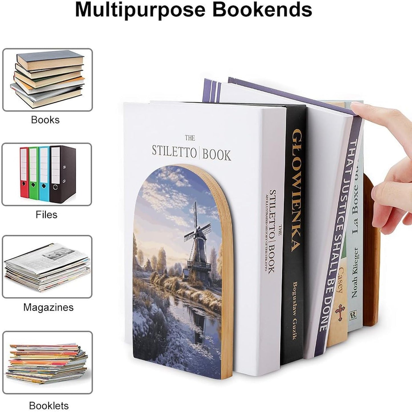 Landscape with A Traditional Windmill Bookend for Shelves Wooden Book End Large Size Sturdy Book Holders Stoppers with Metal Base for Bookshelves Slick Decorative Bookends Stands