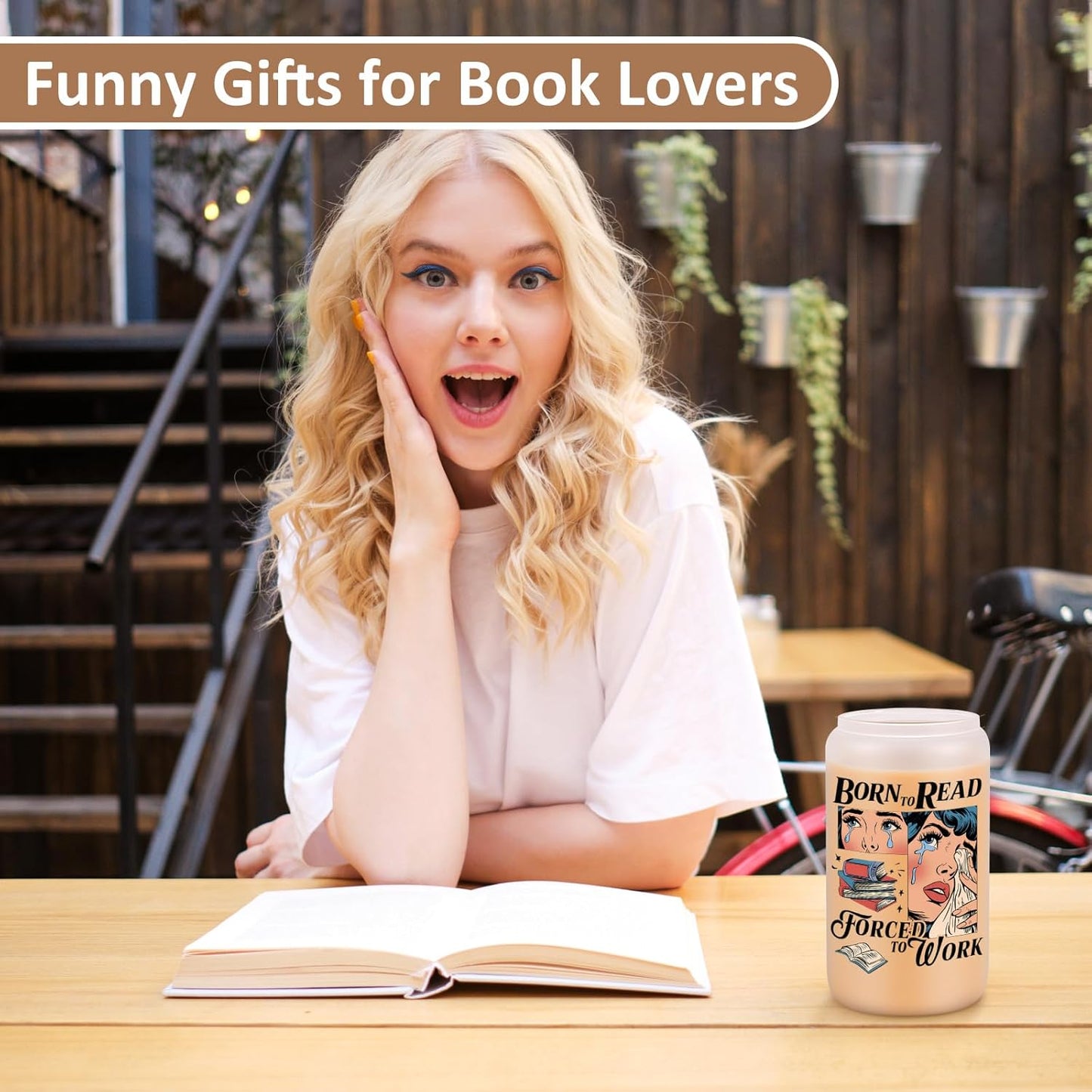 LEADO 16 oz Born to Read Glass Cup - Gifts for Book Lovers Women, Romance Readers - Birthday, Mothers Day, Book Lover Gifts for Women Unique - Reading Accessories, Bookish Ice Coffee Cup for Bookworm