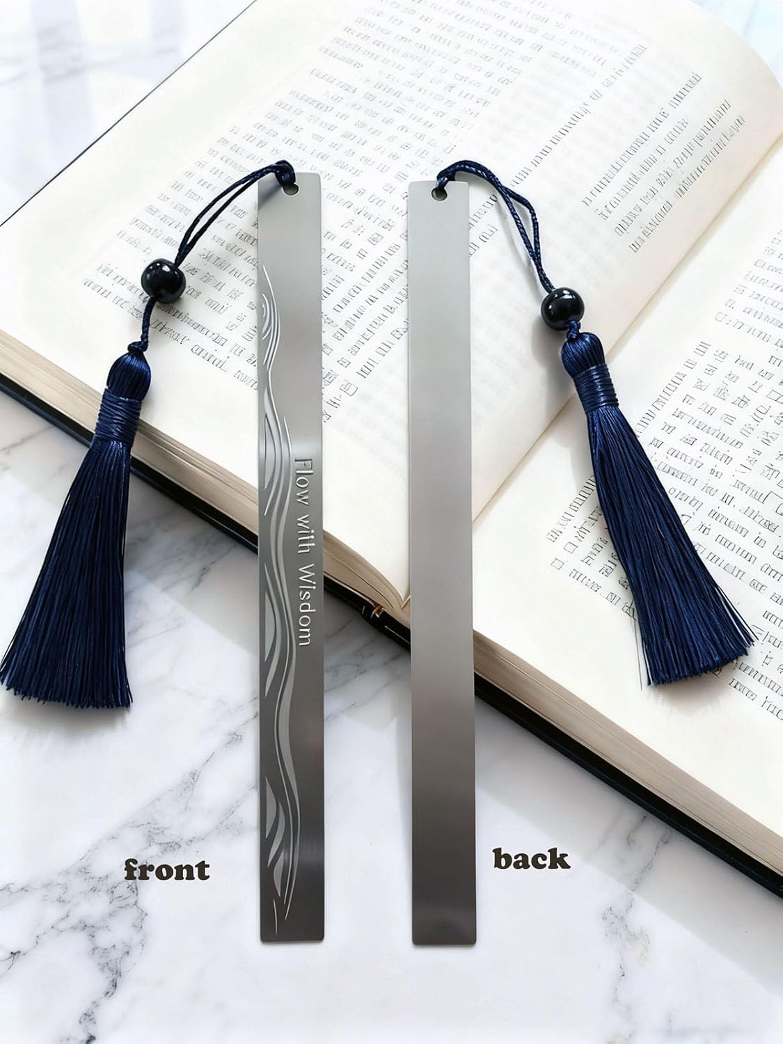 Stainless Steel Bookmark for Men - Flow with Wisdom Gift for Dad Husband and Book Lovers | Laser Engraved Metal Page Holder with Blue Tassel 5.9 Inches