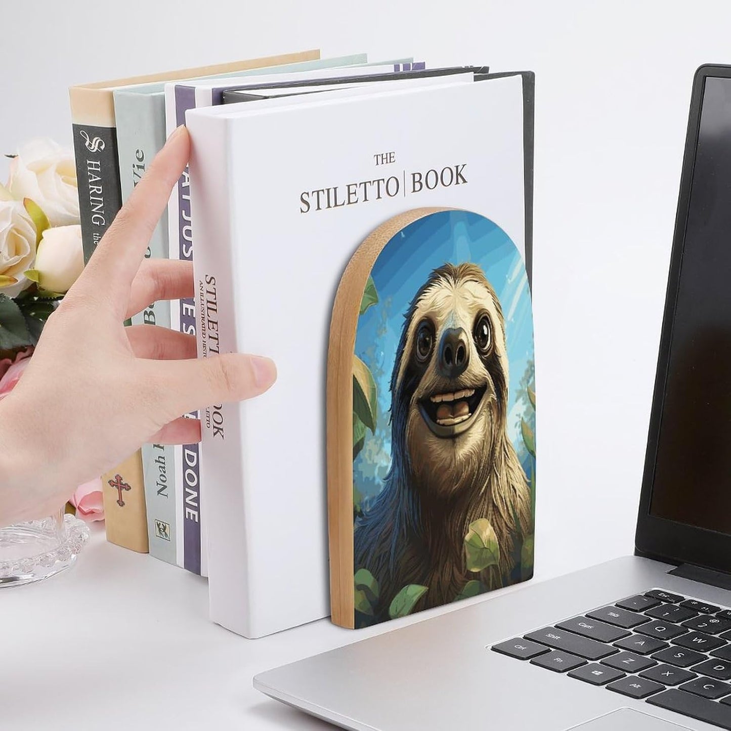 Cartoon Funny Sloth Bookend for Shelves Wooden Book End Large Size Sturdy Book Holders Stoppers with Metal Base for Bookshelves Slick Decorative Bookends Stands