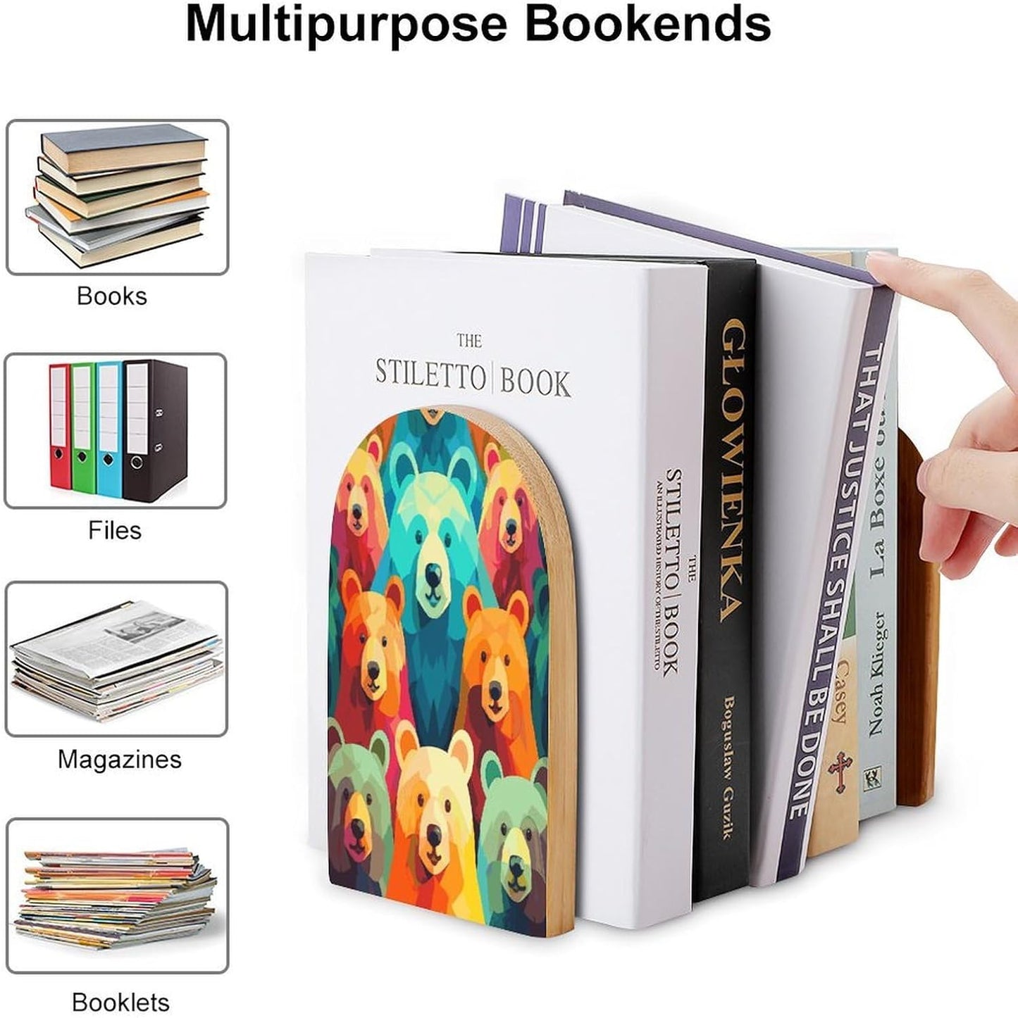 Non-Slip Bookend for Shelves Colorful Bears Wooden Bookends with Metal Base Decorative Book Stopper for Home Heavy Duty Wood Book Storage for Books/CDs