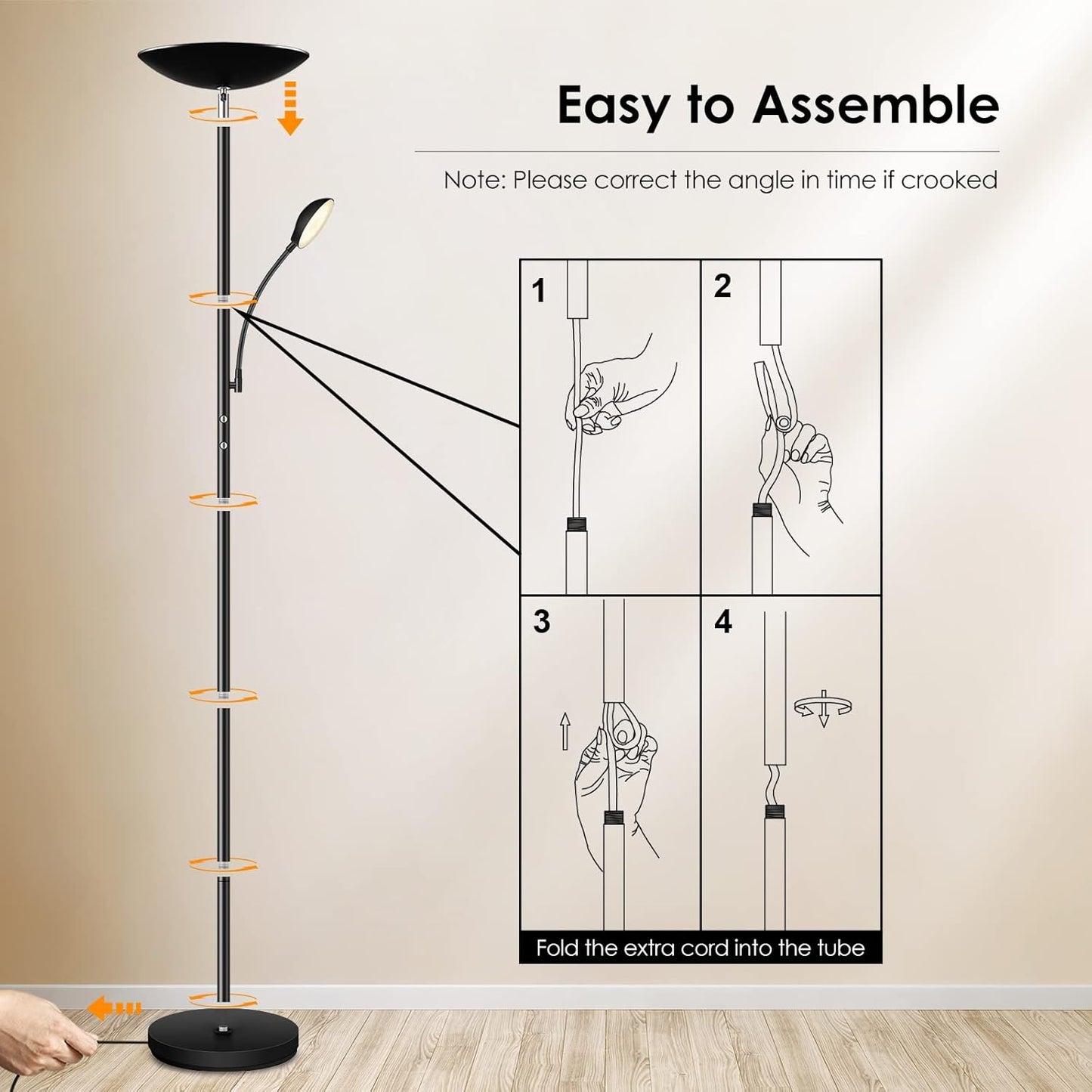 BoostArea Floor Lamp, LED 20W/2000LM Bright Torchiere Floor Lamp with 5W Adjustable Reading Lamp, Stepless Dimmable Standing Lamp, 2 Rotary Switch, Modern Floor Lamps for Living Room, Bedroom, Office