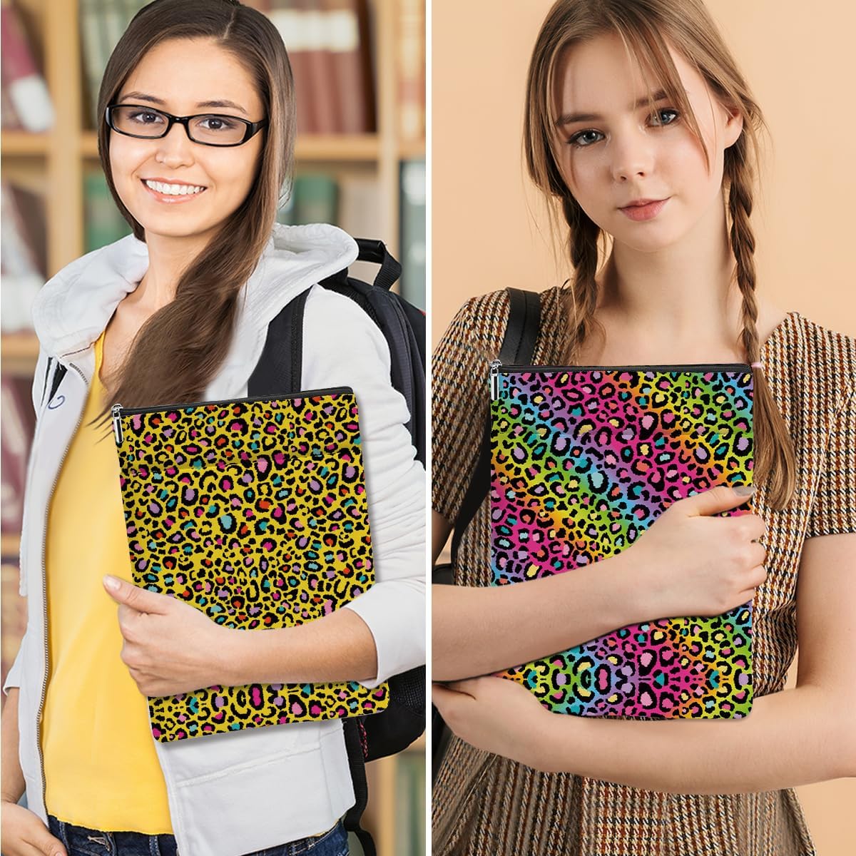 2 Pack Rainbow Leopard Print Book Sleeve, Books Protector，Books Pouch， Book Lovers Gifts，Bookish Gifts Waterproof Cover with Zipper，Leopard Decor Gift Bag for Women Sister Birthday Appreciation