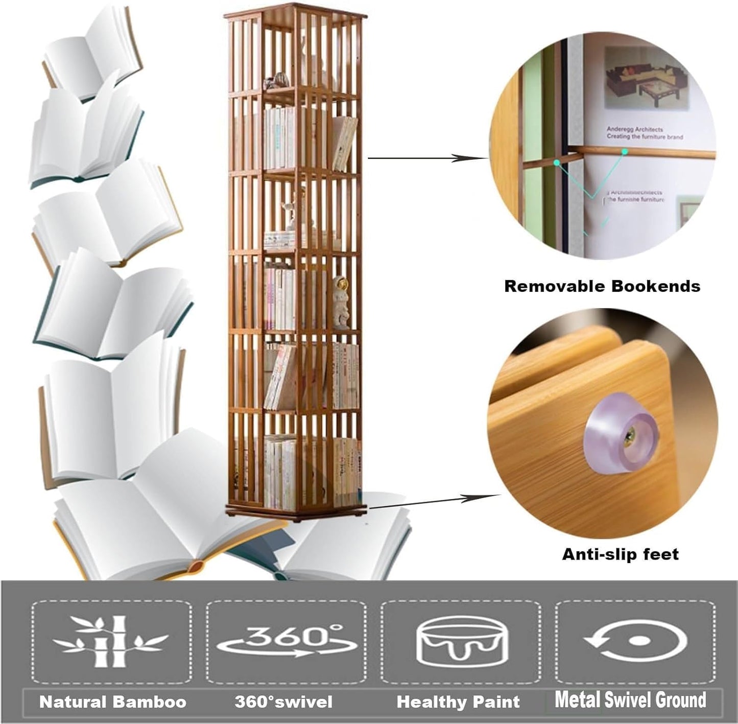 5-Tier Rotating Bamboo Bookcase - 360° Bookshelf Tower, Freestanding Storage Organizer for Bedroom, Living Room, Office - Stylish Corner Cabinet Book Rack