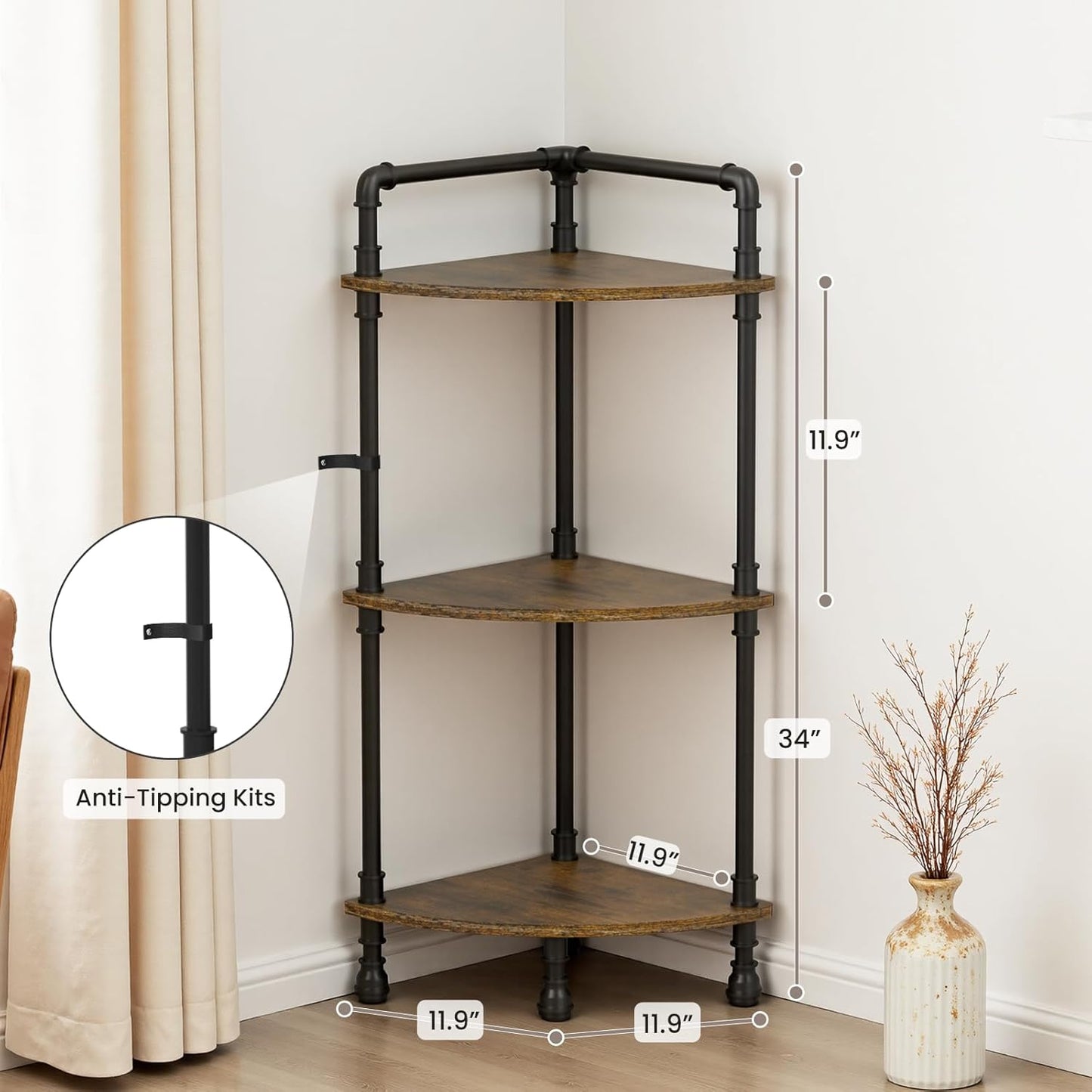 Aduanbang Fun Memories 3-Tier Corner Shelf Stand, Grey Storage Bookshelf for Bathroom, Living Room, Kitchen, Home Office (Brown(3 Tier))