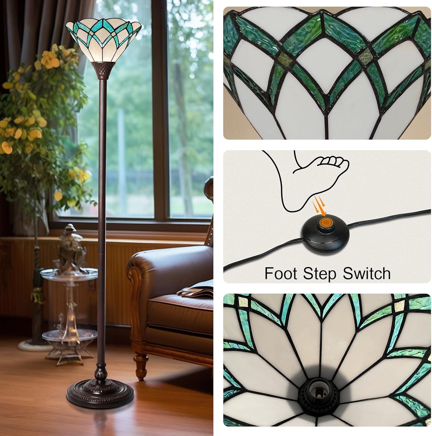 Capulina Tiffany Lamp Stained Glass Torchiere Floor Lamp 70 Inches Tall Dark Bronze Pole Green Romantic Tiffany Style Torch Standing Lamp for Living Room Bedroom Home Office