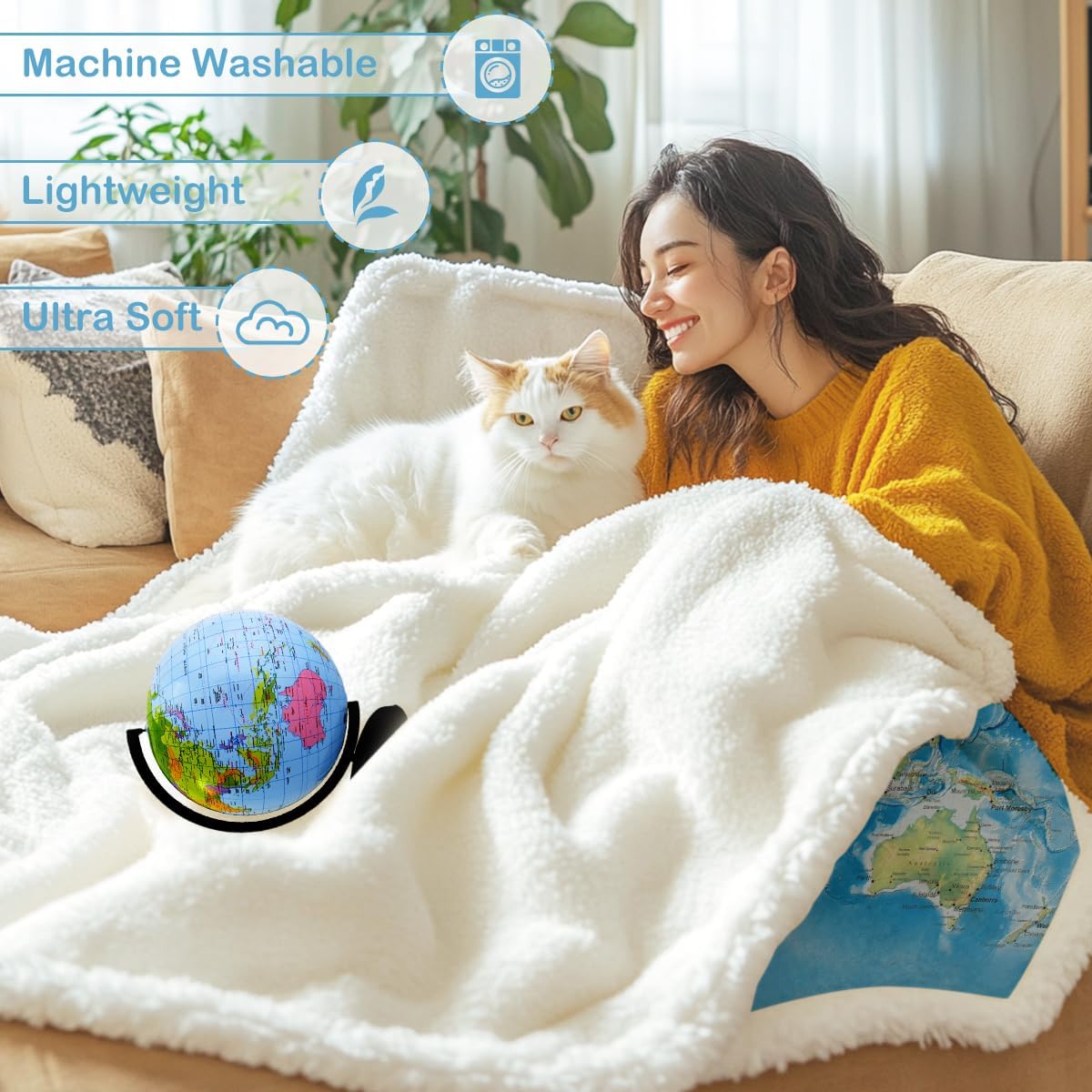 Sleepwish Map Fleece Blanket Vivid 3D Print Map of The World Sherpa Throw Blanket 60x80 Inches