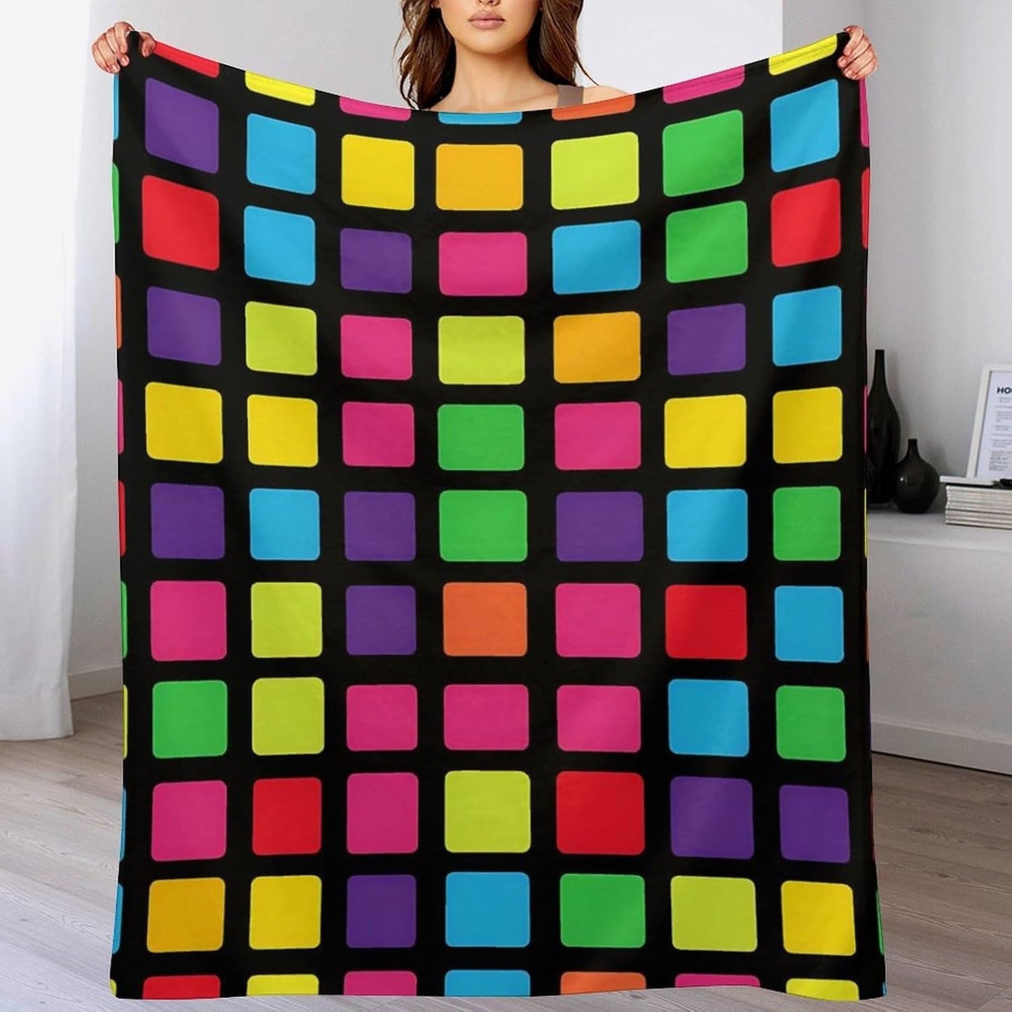 Abstract Colorful Squares Throw Blanket for Couch Bed Plush Cozy Fuzzy Flannel Blanket for All Season 40"x50"