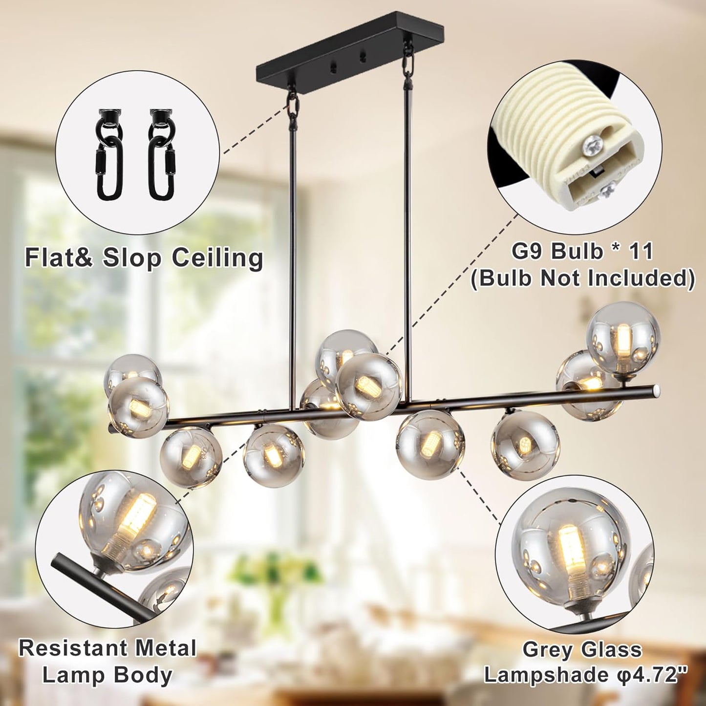 Linear Chandeliers for Dining Room 51.2" Large Sputnik Chandelier Pendant Lights Kitchen Island 11 Lights Dining Room Light Fixture Sputnik Modern Linear Globe Chandelier Black for Farmhouse Kitchen