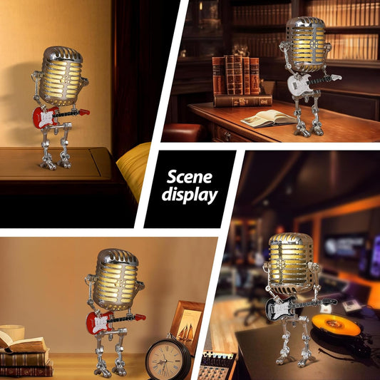 Vintage Microphone Guitar Robot Lamp, Music Gifts for Men, Cool Gifts for Music Lovers, Vintage Light Home Decor Nightstand Desk Lamp for Bedroom, Music Studio (Red)